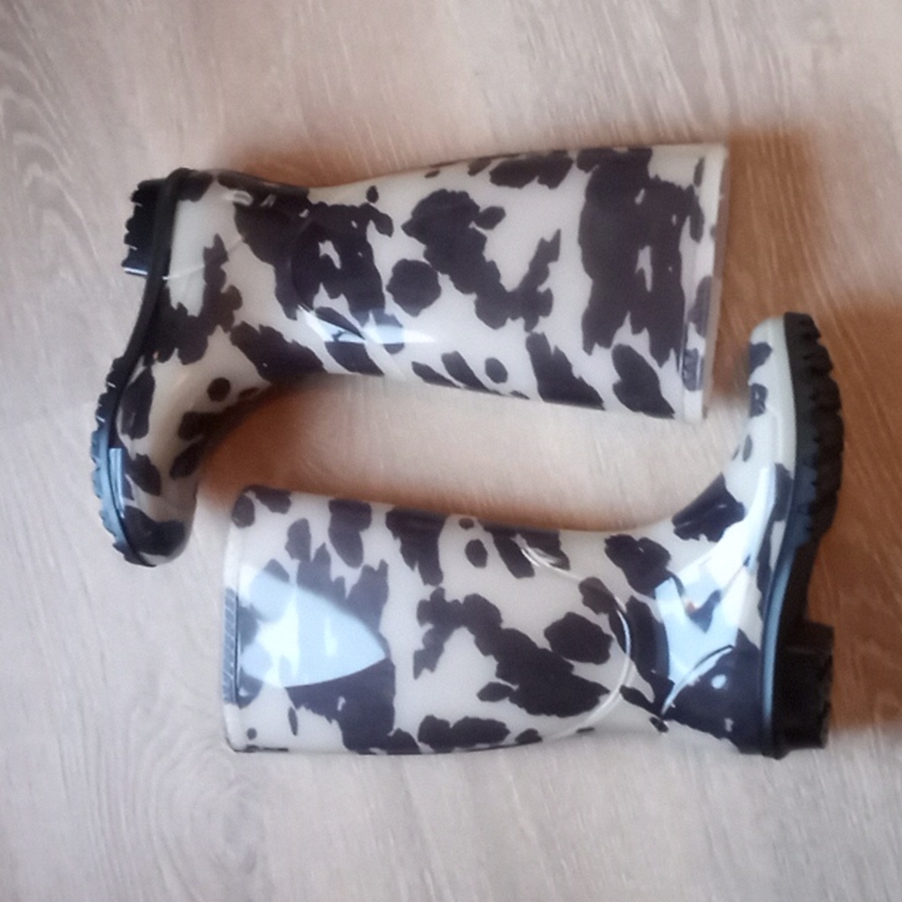 Women's Chinook Tall Rain Boots Cow Print Chunky Heel - Picture 3 of 13